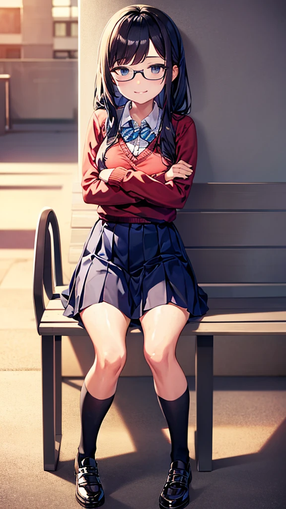 I want a picture of a bully student in a schoolyard. She is wearing a  and has a mischievous smile. Is standing, with arms crossed, in front of a nerdy boy with big glasses who is sitting on a bench and looking uncomfortable