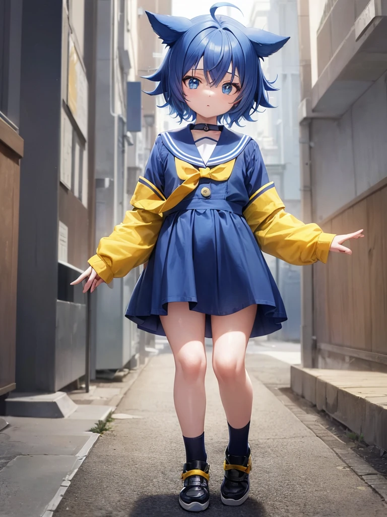 1Baby, anime girl, short girl, twins tail hair style, blue hair with yellow combination, sailafuku outfit, blue eyes, aho ge, yellow ribbon each side of hair, stary eye, glowing eyes, proportional body, proporsional fingers, 4fingers
