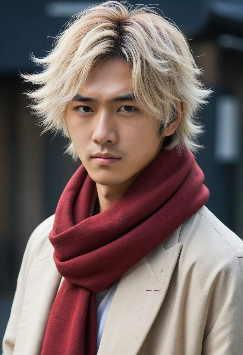 1man, perfect face, Young Japanese man wearing a red scarf and a somewhat old and worn brown jacket, best quality ,masterpiece, illustration, extremely detailed ,CG ,unity ,8k wallpaper, Amazing, finely detail, masterpiece,best quality,official art,extremely detailed CG unity 8k wallpaper,absurdres, incredibly absurdres, huge filesize, ultra-detailed, highres, extremely detailed, messy hair, japanese boy, japan young man, completely white t-shirt, battered red scarf, ryoma nagare, cream coat, white hair, 18yo, 18 years old, age 18,