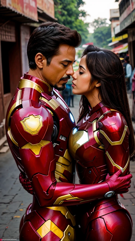 Iron man and his girlfriend kiss, realistic , india background