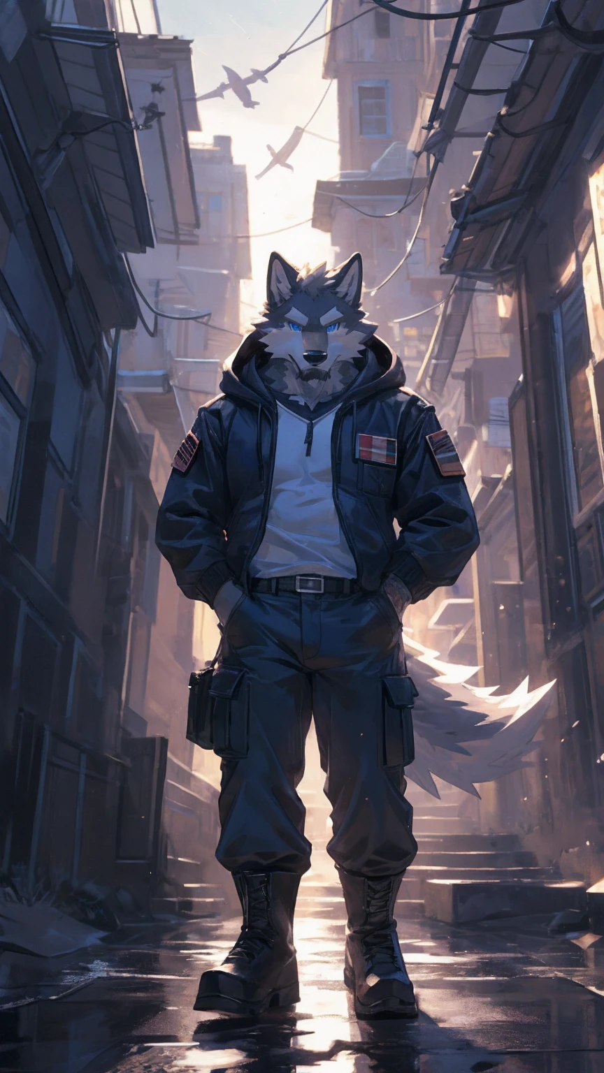 (masterpiece:1.2), best quality,pixiv,official art,perfect anatomy, (Ray tracing, light),solo, (1_male:1.3) , (muscle), (grey fur:1.4), (muscle wolf), (beard:1.2), (gleaming blue eyes), wolf tail, full body, Thick white eyebrows,(open hoodie), (naked inside), (cargo pants:1.2), boots, 30-40years old , storm, rain , ruin , wind