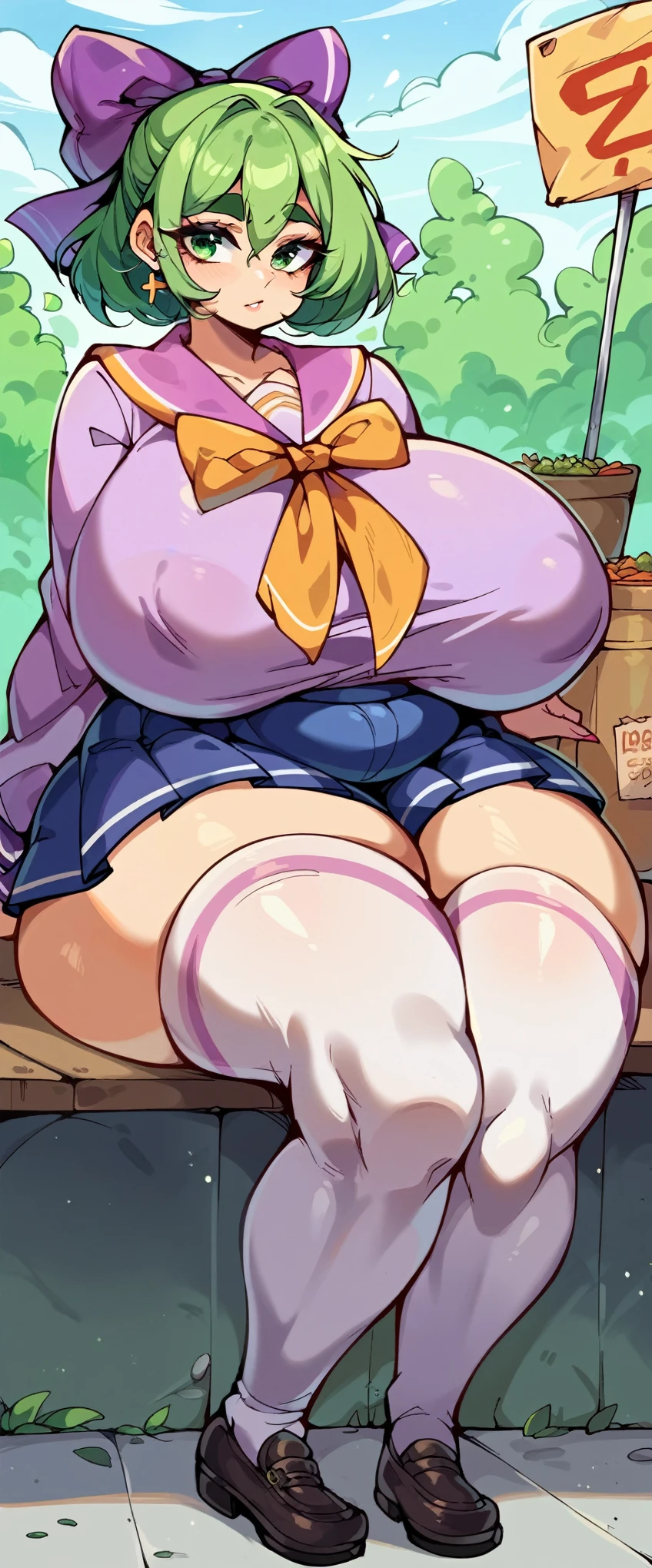Fraction_9,Fraction_8_direction_7_direction_6_direction_5_direction_4_up,Green short hair,Green Eyes,Tie a bow at the back of your head,Purple and sailor collar,Striped sailor suit,Blue pleated skirt,White socks,leather shoes,Bean eyebrows,Wide hips,Thick thighs,Huge breasts,Huge ass,There is a bow at the back of the hair,Hair between the eyes,Sexy,Cute girl,Green Hair,eternal,positive image,rest,Stockings,fat,long sleeve clothes,Purple striped clothes,Nipple protrusion,Smooth skin, Perfect skin, Futa