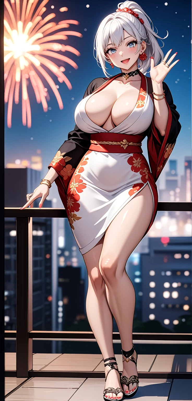 ((One personの女性)), Beautiful Face, (Laughing embarrassedly), (laugh:1.2),((Wink:1.7)), (head tilt:1.3), Laugh with your mouth wide open, upper teeth, waving at viewer, ((Bright red cheeks:1.4)),Glossy Red Lips,night, Skyscraper rooftop, firework, Shining Face, ((Anime style background)),masterpiece, Highest quality, so beautiful,up to date, Complex details, (Pink long nails),(ring),(bracelet),(Floral choker),AI-generated, Complex,High resolution, Highest quality, super high quality,3D Images、3D Images,One person,Long white hair,High Ponytail, Anime woman posing for a photo,(blue eyes), ((Fine grain、Silvery white, lightly pigmented eyes、Shining Eyes:1.4)), (Squint your eyes:1.1), a hyperRealistic , hyperRealistic , Realistic,Anime woman with long white hair, Smooth anime CG art, A woman in a colorful kimono with gold embroidery, (Black long sleeve kimono),Red floral pattern,(Black high heel sandals), Long flower hair ornament,Floral Earrings,Mature Body,(Big Breasts:1.1),Tall,Abdominal muscles,Tight waist, (full body), ((pigeon toed:1.4)), (front view),