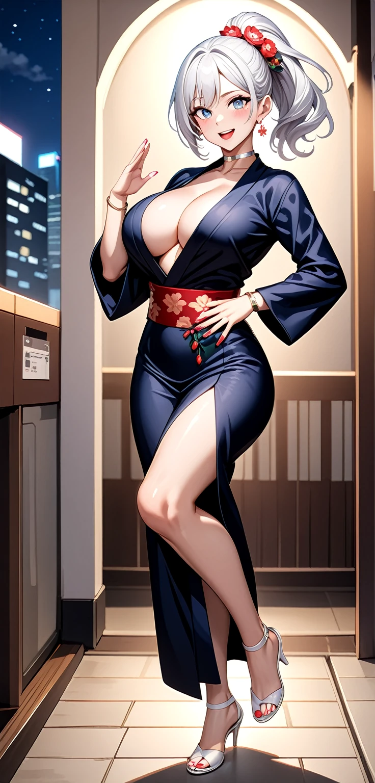 ((One personの女性)), Beautiful Face, (Laughing embarrassedly), (laugh:1.2),((Wink:1.7)), (head tilt:1.3), Laugh with your mouth wide open, upper teeth, waving at viewer, ((Bright red cheeks:1.4)),Glossy Red Lips,night, Skyscraper rooftop, firework, Shining Face, ((Anime style background)),masterpiece, Highest quality, so beautiful,up to date, Complex details, (Pink long nails),(ring),(bracelet),(Floral choker),AI-generated, Complex,High resolution, Highest quality, super high quality,3D Images、3D Images,One person,Long white hair,High Ponytail, Anime woman posing for a photo,(blue eyes), ((Fine grain、Silvery white, lightly pigmented eyes、Shining Eyes:1.4)), (Squint your eyes:1.1), a hyperRealistic , hyperRealistic , Realistic,Anime woman with long white hair, Smooth anime CG art, A woman in a colorful kimono with gold embroidery, (Black long sleeve kimono),Red floral pattern,(Black high heel sandals), Long flower hair ornament,Floral Earrings, Body,(Big BrTall,Abdominal muscles,Tight waist, (full body), ((pigeon toed:1.4)), (front view),