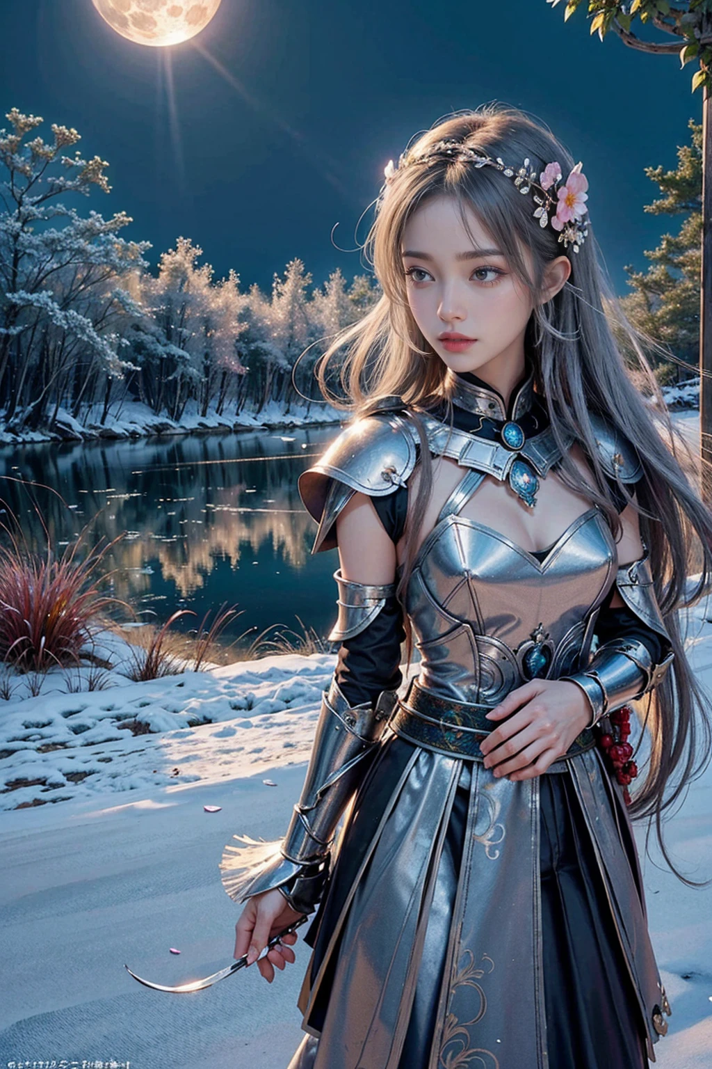 A striking realistic photo of a beautiful Japanese female warrior in vibrant silver armor and adorned with fresh flowers. The armor mixes metal and organic elements, with flower petals interwoven into the design. She creates with her hands a magnificent sphere swirling with magical power. Night scene, fantastical, mystical, forest, river, moon, moonlight, nature, majestic, a perfect balance of light and shadow. High quality, high resolution, 32k.