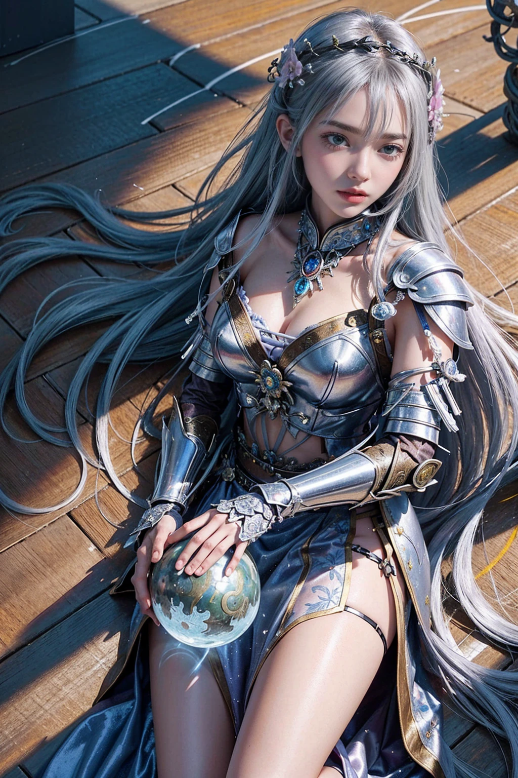A striking realistic photo of a beautiful Japanese female warrior in vibrant silver armor and adorned with fresh flowers. The armor mixes metal and organic elements, with flower petals interwoven into the design. She creates with her hands a magnificent sphere swirling with magical power. Night scene, fantastical, mystical, forest, river, moon, moonlight, nature, majestic, a perfect balance of light and shadow. High quality, high resolution, 32k.