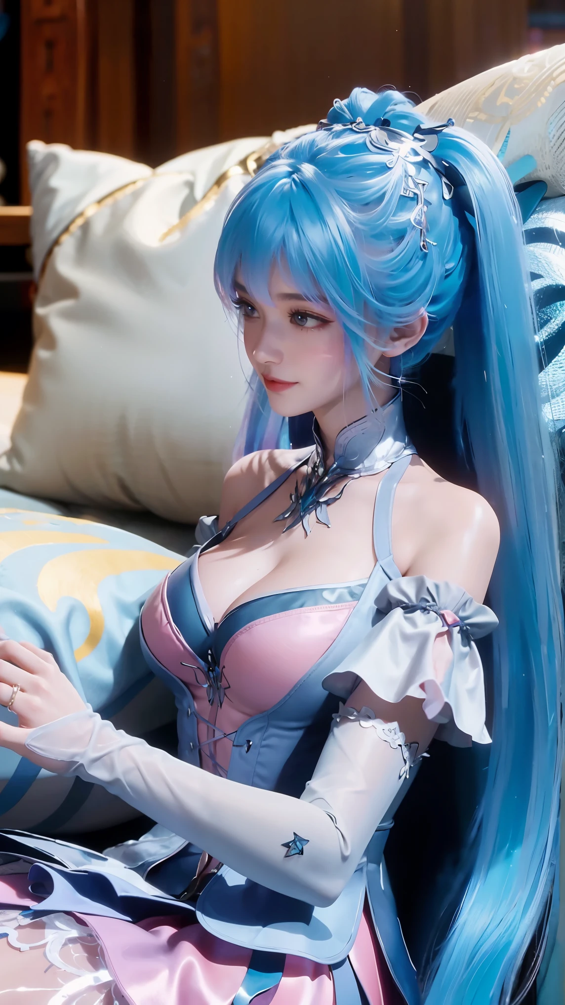 一个女孩Lying in bed,Face up,Raise your legs slightly,Front view super detailed beautiful big breasted girl . Ultra HD, 4K, 8K, Movie,whole body,Lying down,Long legs,Very big breasts,whole body捕捉,(((Lying in bed))),(((whole bodyLying in bed))),big bed,Off-shoulder,Shoulder to shoulder,Lying in bed,Sleeping on the pillow,Lying down,Headrest pillows,,Double tail,Colored hair,Blue and Pink Ombre Hair