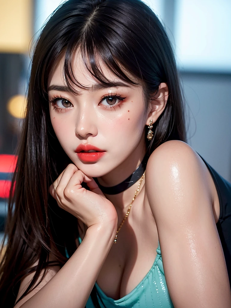 1girl, alone, solitary, high quality, (best quality,4k,8k,highres,masterpiece:1.2),ultra-detailed,(realistic,photorealistic,photo-realistic:1.37),gorgeous hair,black hair,long straight hair with bangs,sharp eyes,mole under the eye,plump lips,jewelry,(high detailed skin:1.4),(rim lighting:1.3),(lit:1.3),(sunny day:1.3),portrait,beautiful lips,waist-length hair,seductive gaze,moles,casual clothes,colorful clothing,close up,super long hair,choker necklace,tattoos,tattooed,light eyes,bangs,fringe,20 year old,dimples on the cheeks,dimples,black hair,darkblackhair,dark jet black hair,black,dark hair,red lips,red lipstick,round lips,round pouty lips,pouty lips,douyin makeup, sparkly makeup,glitter,contact lenses