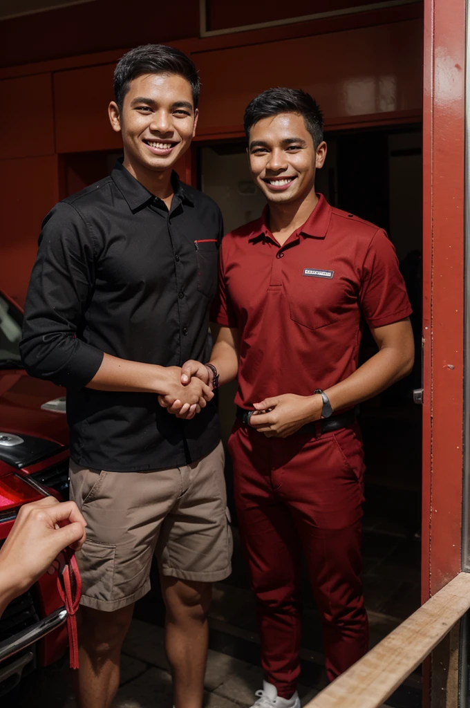 A young man wearing a red and black work uniform, he is a PT Meuligoe Nusa Indah expedition courier smiling while handing over the keys to the customer and thanking you for your trust in our services PT MNI 