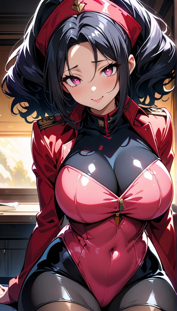 (highest quality:1.2,evil lady,cg, Very detailed, High Detail, digital coloring, High Contrast, masterpiece:1.2, highest quality, Best aesthetics), 8k,masterpiece, cute,tall,beautiful,best quality, 1lady,black hair,long hair,empty eyes, (finely detailed empty pupils and detailed face),,,,extremely detailed cg unity 8k wallpaper,solo,(latex military costume:0.9),large breasts,seductive smile,military hat,latex thighhigh,large breasts,black hair,pink eyes,pink leotard,pantyhose,military coat,enamel suits,grossy lips,sitting,,sadistic smile,,heel,shiny skin,military coat,detailed face,beautiful body,full-body,adult,leotard