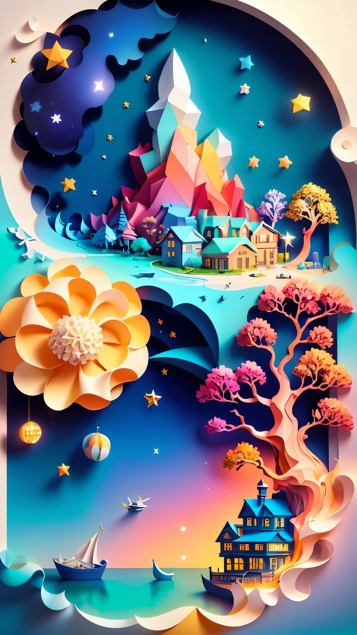 (((Masterpiece))),Best Quality, illustration, sky, cloud, water, Star \(Symbol\), tree, nonhuman, evening, bird, officer, building, Star \(sky\), evening sky, scenery, Starry sky, watercraft, castillo, boat, waves, tower, bottle. Vibrant color scheme, Luz outfit,(warm color:1.2),watercolor painting, light background, Best Quality exquisite details,3D rendering,octane rendering, pastel, Paper_cut
