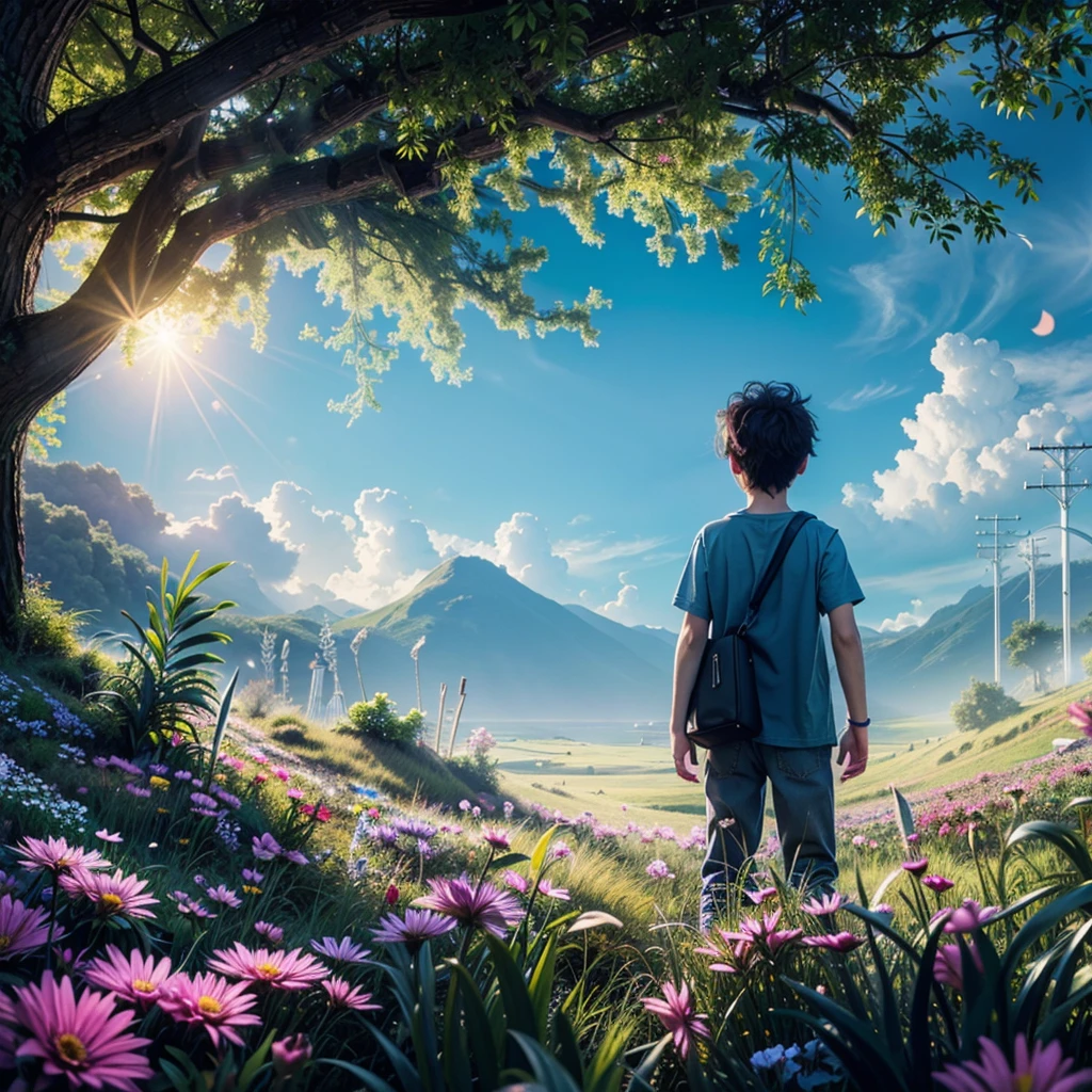 (highres,best quality,4K,ultra-detailed),a boy standing on the grass in the early morning, (realistic,photorealistic:1.37) blue sky, (gentle breeze, softly blowing flowers blossoming)、Midsummer Stranger