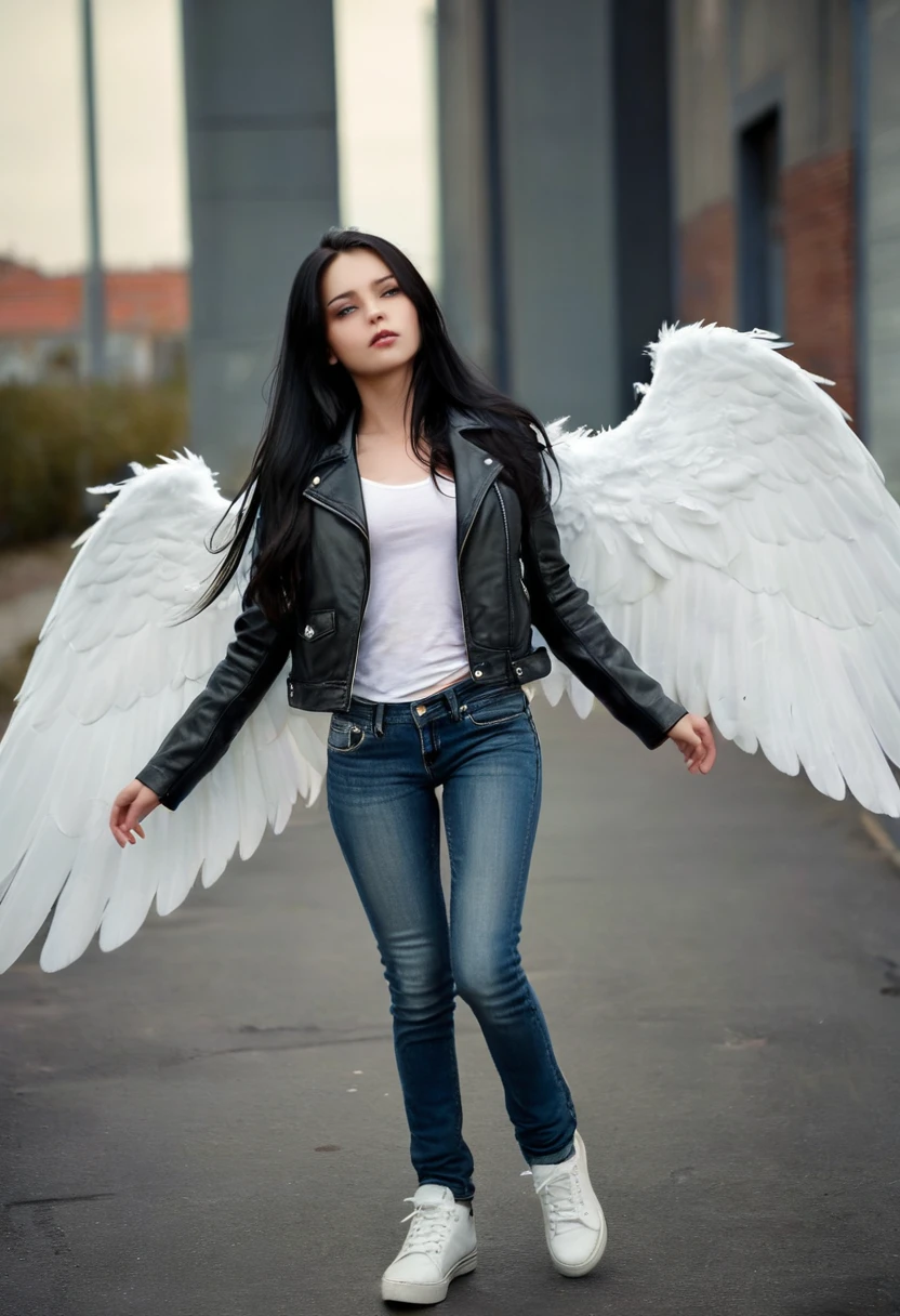 Beautiful girl with long black hair. Her skin is white. She’s wearing a black leather jacket, blue jeans, and she has storage shoes. She has big white wings and she can fly. [Girl] [Wings] [Fantastic] [Beautiful]