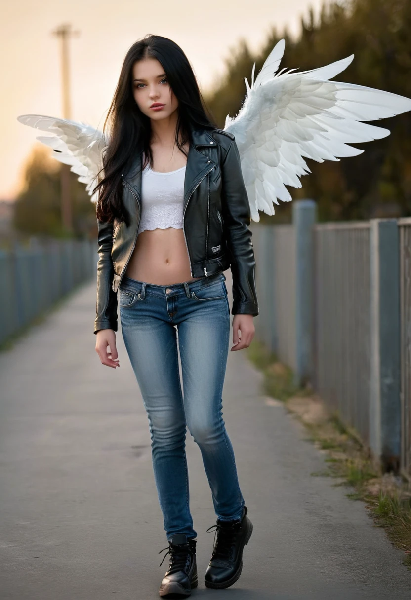 Beautiful girl with long black hair. Her skin is white. She’s wearing a black leather jacket, blue jeans, and she has storage shoes. She has big white wings and she can fly. [Girl] [Wings] [Fantastic] [Beautiful]