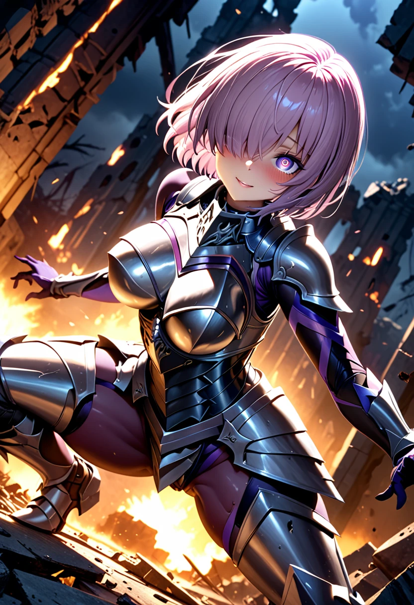 (masterpiece, top quality, best quality, beautiful and aesthetic:1.2), full body, SFW, extremely detailed, detailed face and eyes, cinematic light, depth of field, 1girl, seducing smile, solo, official, (full armored knight:1.4), dark armor, mash kyrielight, light purple hair, short hair, hair over one eye, slim body, cinematic lighting, dramatic lighting, dramatic atmosphere, hyper-realistic, high resolution, stunning contrast, high quality, best quality, 8k, 4k, intricately detailed, (amazing details:1.2), highly detailed skin, powerful presence, vibrant colors, (detailed eyes:1.2), striking eyes, (detailed background), (warzone on background, night, ruins), (dynamic angle:1.2), (dynamic pose:1.2)