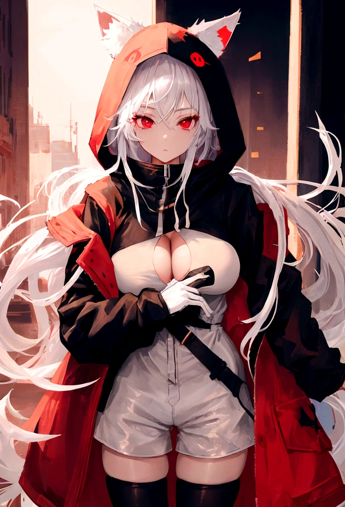 Girl with long white hair,red eyes, wear short shorts and tights, has a coat with a hood made of cat ears, nice body, big boobies