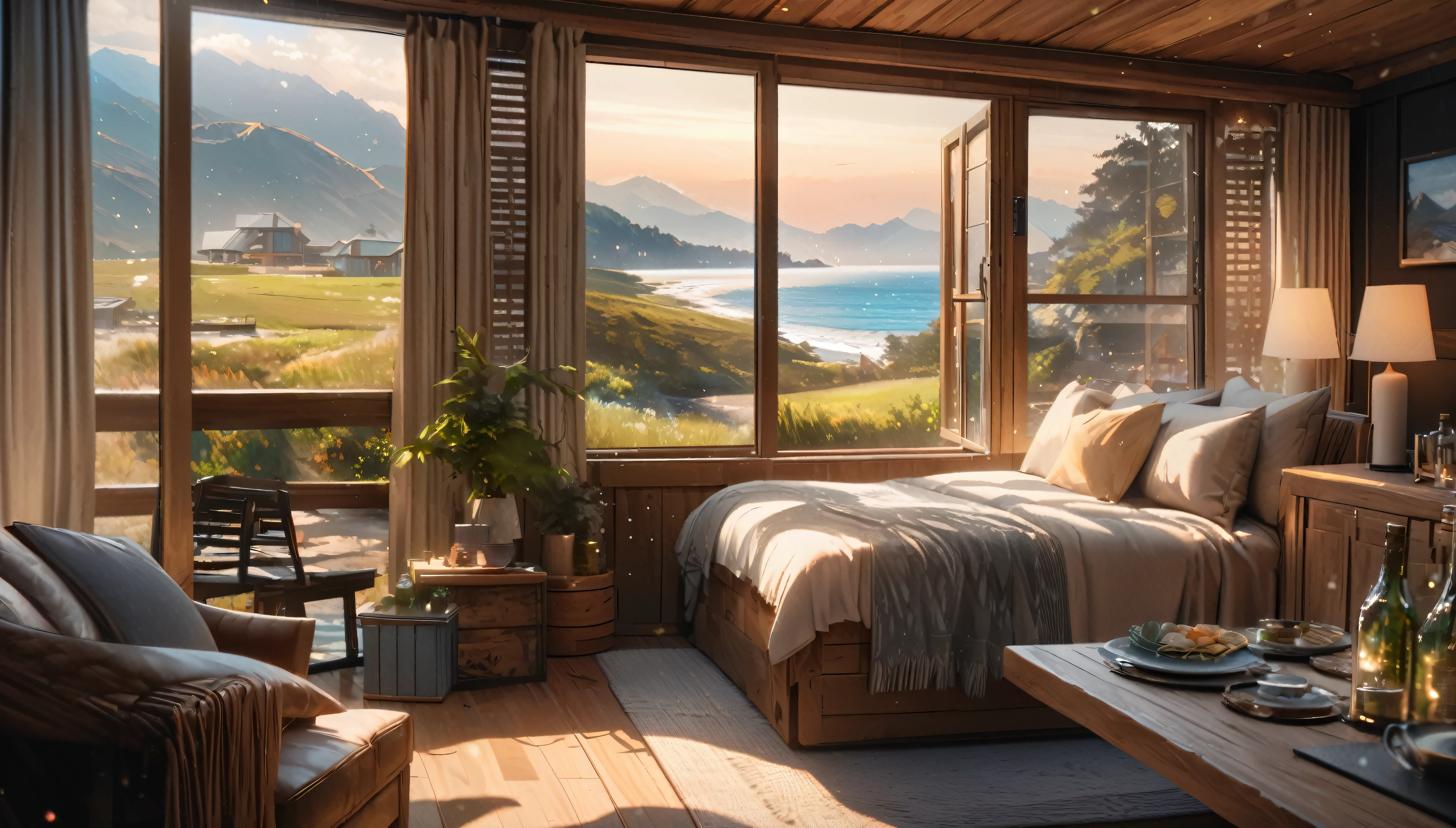 Holiday Homes, Big windows and beautiful views,Wooden lodge,Inside the room,Blur the background,Pleasant sea breeze,Glitter effect,Highest quality, 8K, High resolution, masterpiece:1.2, Very detailed, Realistic:1.37, High resolution, 超High resolution, Ultra-fine painting, Very detailed, Professional, Vibrant colors