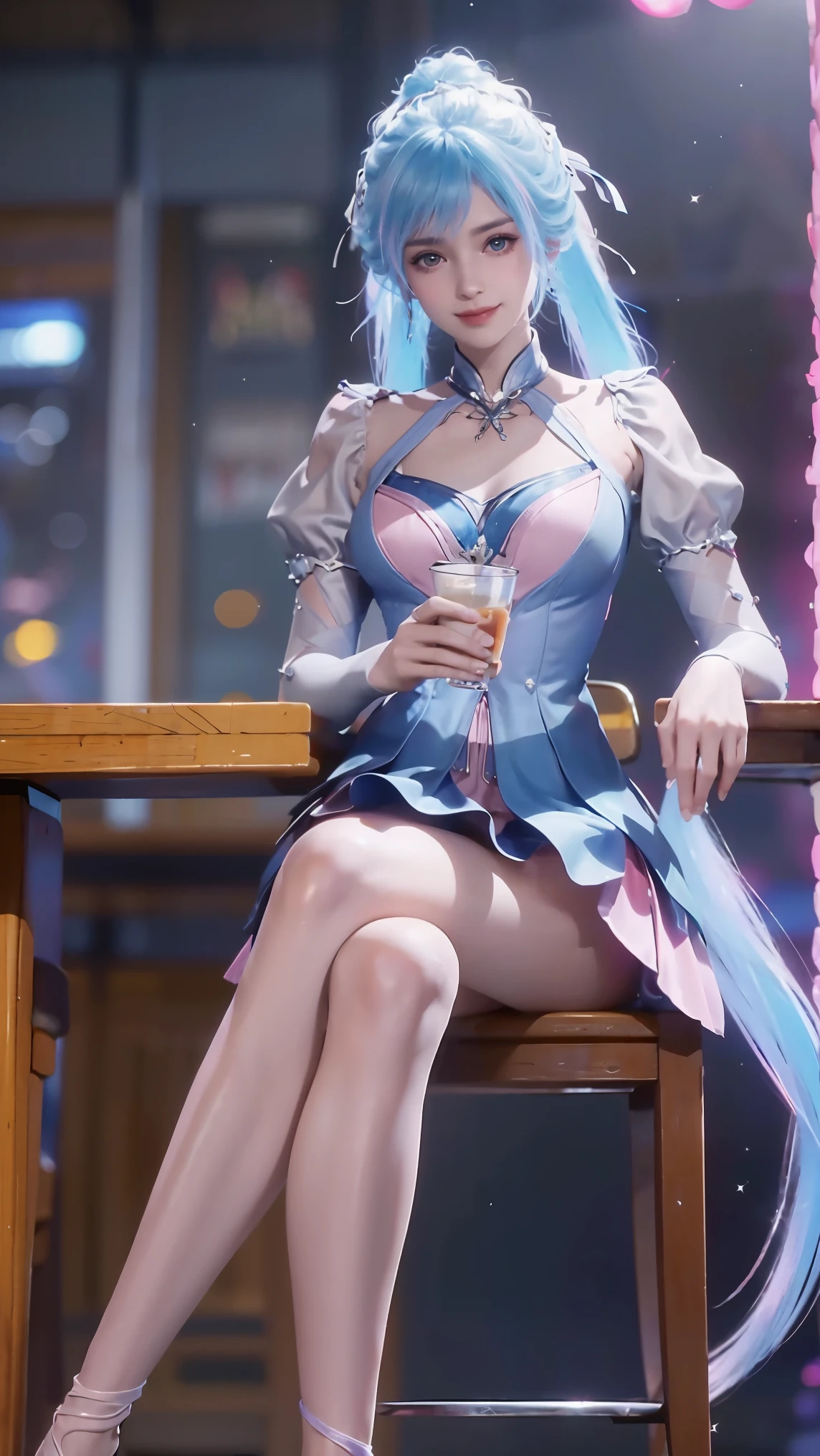 ((Shot in the knee)), ((From below)),A young girl, Wearing a skirt，At the bar, sit on the chair, Cross your legs, Posing elegantly, Detailed scenario, Messy long hair, Blush Blush, Beautiful slender legs, (Very high color saturation), details, Ultra Detailed, (masterpiece, Best quality), (Extremely exquisite and beautiful work), Delicate earrings, Exquisite necklace, Simple blur background, Extremely detailed description, Super Fine, Delicate face, slim body, Thin waist, (Grin), (Anatomically correct)，whole body，barefoot，Double tail，Colored hair，Blue and Pink Ombre Hair