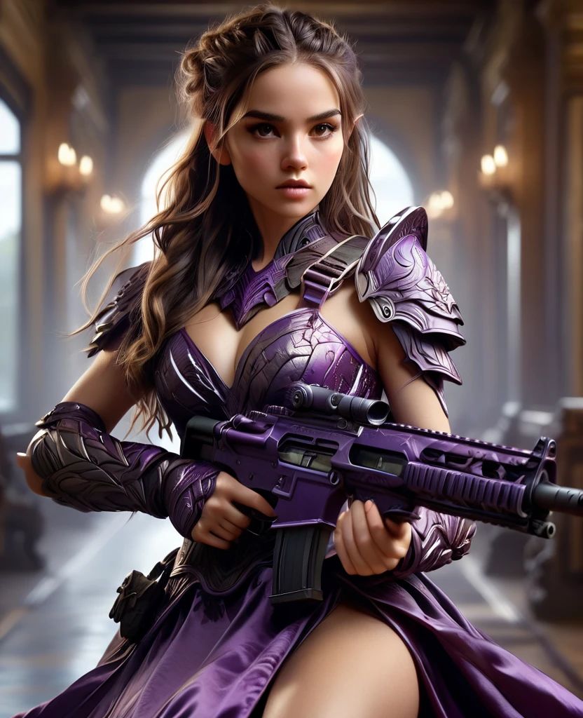 A young and stunningly beautiful female warrior wearing a deep purple camouflage satin floor-length evening dress, Ideal ratio, squat, Carry an assault rifle, A tense look, Detailed face and eyes, Perfect Skin, Flowing Hair, Graceful posture, realistic and cinematic lighting, Dramatic fantasy, Very detailed, 8K, masterpiece