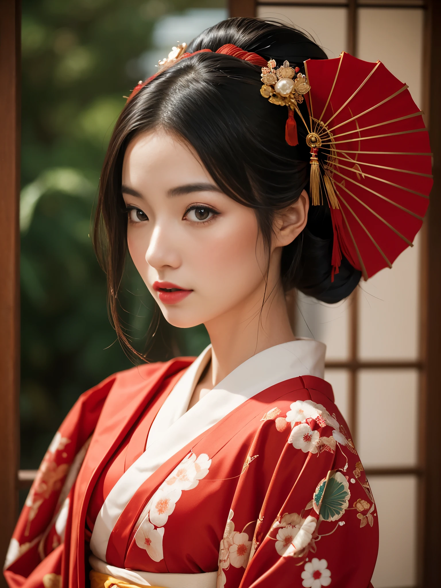 Red kimono, Geisha hairstyle, Japanese Geisha, Photographic portrait of a geisha, Beautiful geisha, Traditional Japan, Traditional Japanese Geisha, Japanese women, Traditional geisha costume,