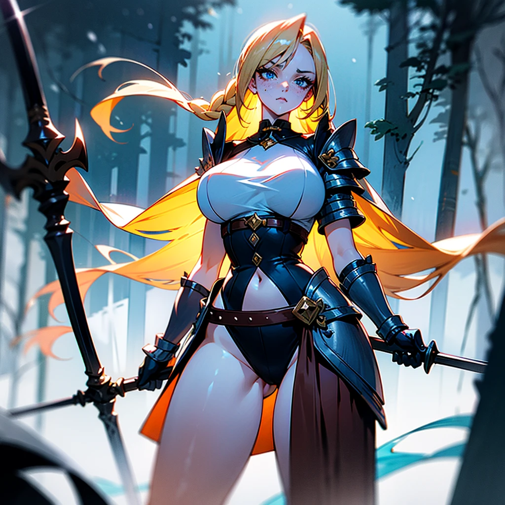 a barbarian woman holding a long spear and ferociously looking at the viewer, dense snowy forest at night, animal pelt and studded leather armor, loose fitting belts, very long blonde braids, beautiful, pale skin tone, immense icy blue eyes, dark eye shadow, freckles, athletic body, slender waist, wide hips, long legs, massive , ultra HD, 4K, masterpiece