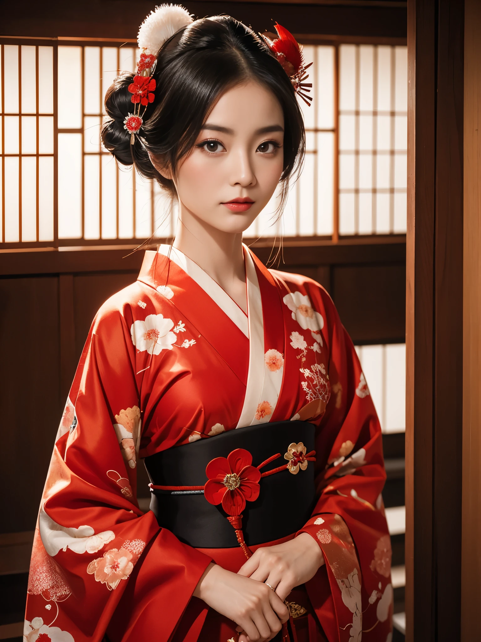 Red kimono, Geisha hairstyle, Japanese Geisha, Photographic portrait of a geisha, Beautiful geisha, Traditional Japan, Traditional Japanese Geisha, Japanese women, Traditional geisha costume,
