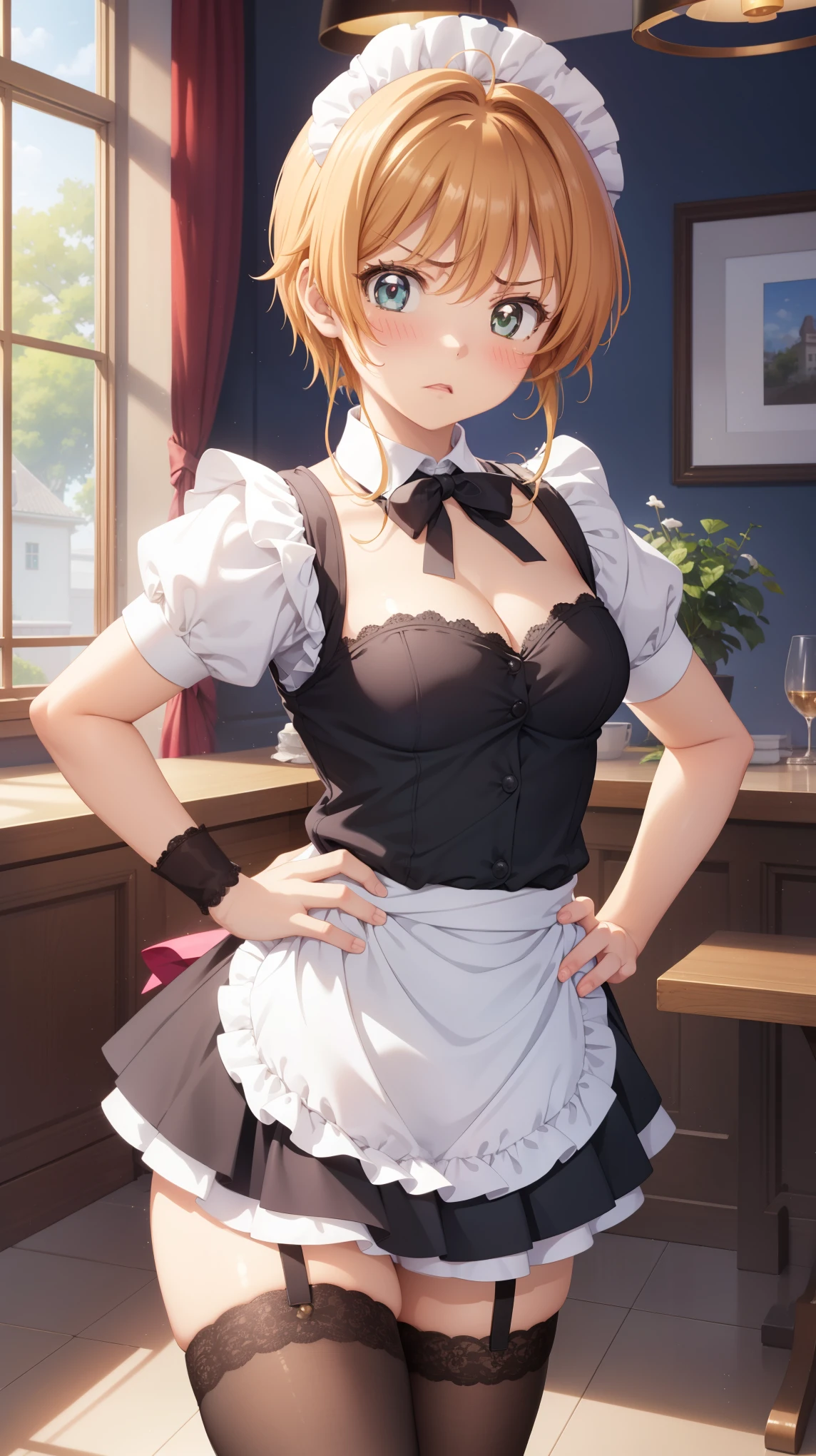 masterpiece, best quality, highres, 1girl, detailed face, blush, anime CG style, (medium breasts), (18 year old girl:1.3), (aged up), good lighting, perfect body, sakura kinomoto, glossy lips, cleavage, (curvy), cafe, maid, short puffy sleeves, small maid apron, thigh highs, hands on hips, annoyed