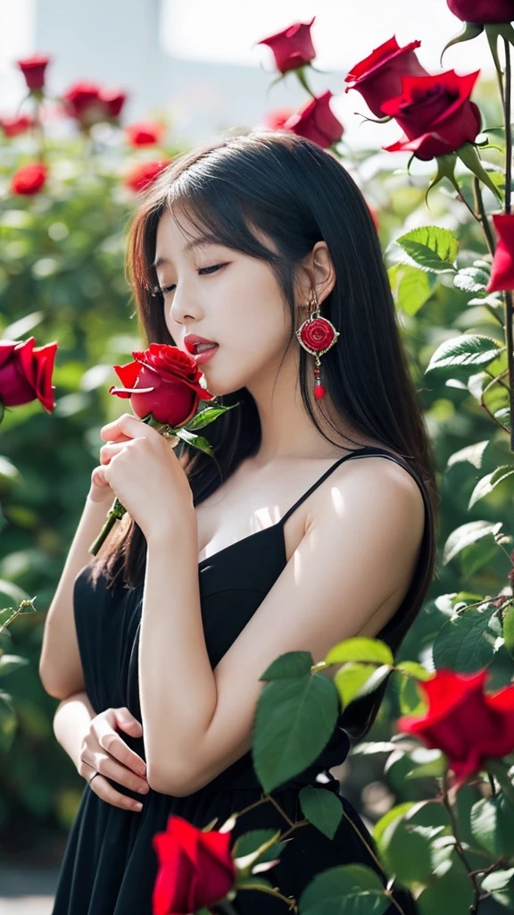 (Highest quality, masterpiece), (One girl, alone, Black Dress, Are standing , View your viewers, Gray Hair, Red eyes, Holding roses, Mouth closed, Upper Body), (Red dream catcher behind, Red flower, )