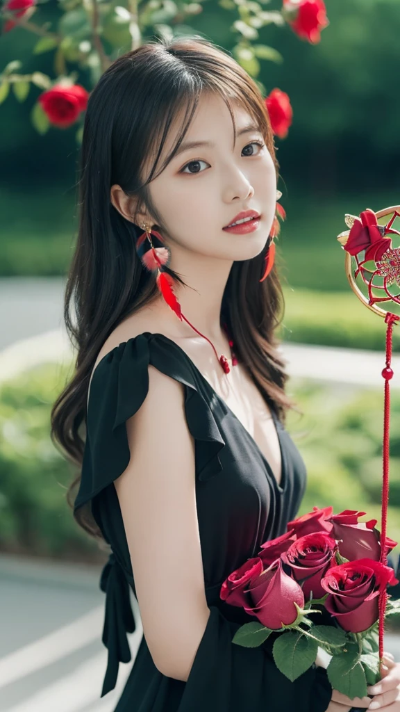 (Highest quality, masterpiece), (One girl, alone, Black Dress, Are standing , View your viewers, Gray Hair, Red eyes, Holding roses, Mouth closed, Upper Body), (Red dream catcher behind, Red flower, )