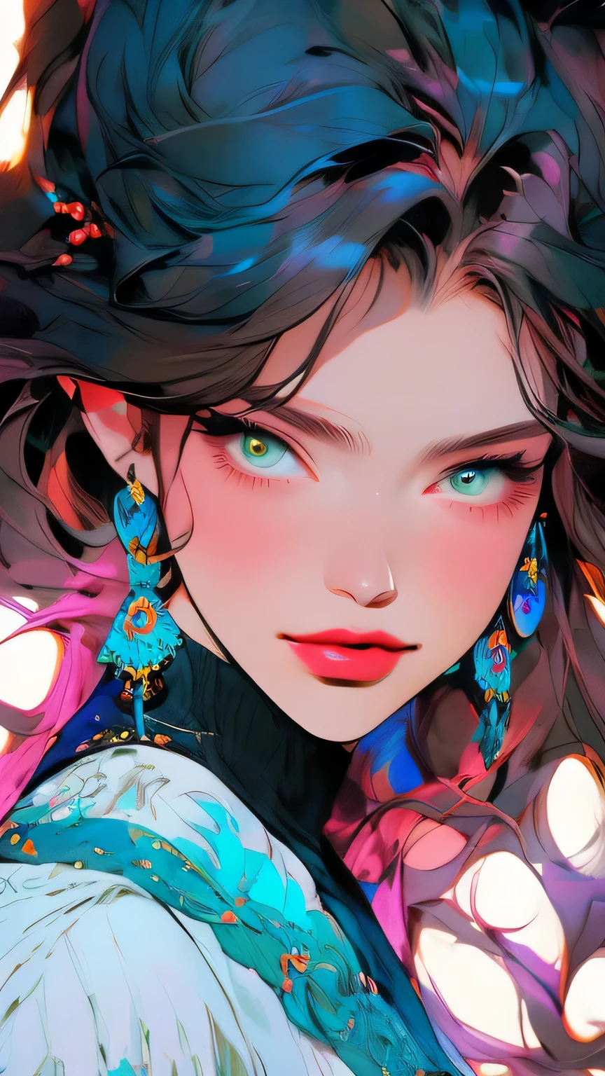 Close-up of a woman with colorful hair and necklace, Anime girl with space-like hair, The gentle vitality of rose roses, Gubes-style artwork, Fantasy art style, colorful], Vivid fantasy style, Ross draws vibrant cartoons, cosmic and colorful, Gwaiz, colorful digital fantasy art, Great art style, Beautiful anime style, Full body lighting, Skin Brightness, Sexy look, (Dynamic pose)､ masterpiece, 最high quality, high quality, High resolution､((Face close-up))､