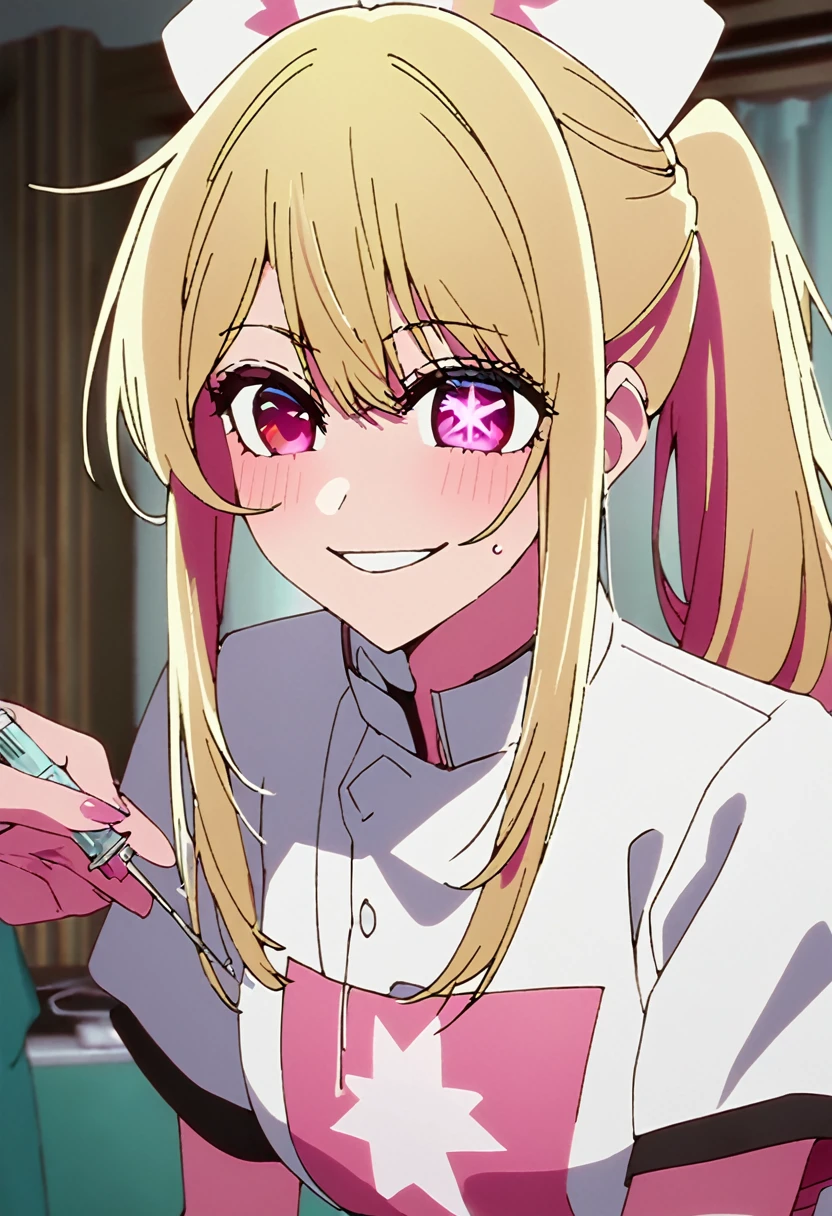 Blonde、nurse、injection、Highest quality、high resolution、8K,Highest quality、Star-shaped pupil、The best smile、long hair、Pink Eyes、ponytail、Upper Body、One person