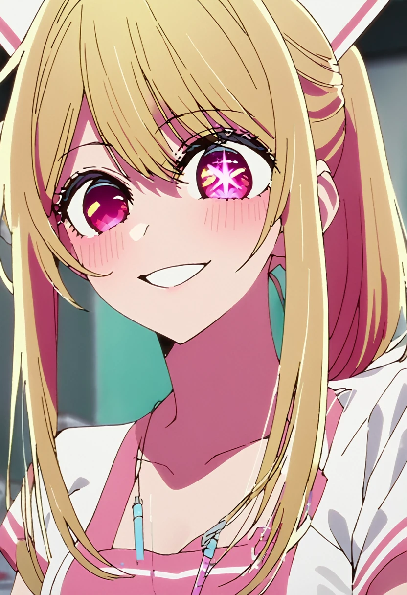 Blonde、nurse、injection、Highest quality、high resolution、8K,Highest quality、Star-shaped pupil、The best smile、long hair、Pink Eyes、ponytail、Upper Body、One person