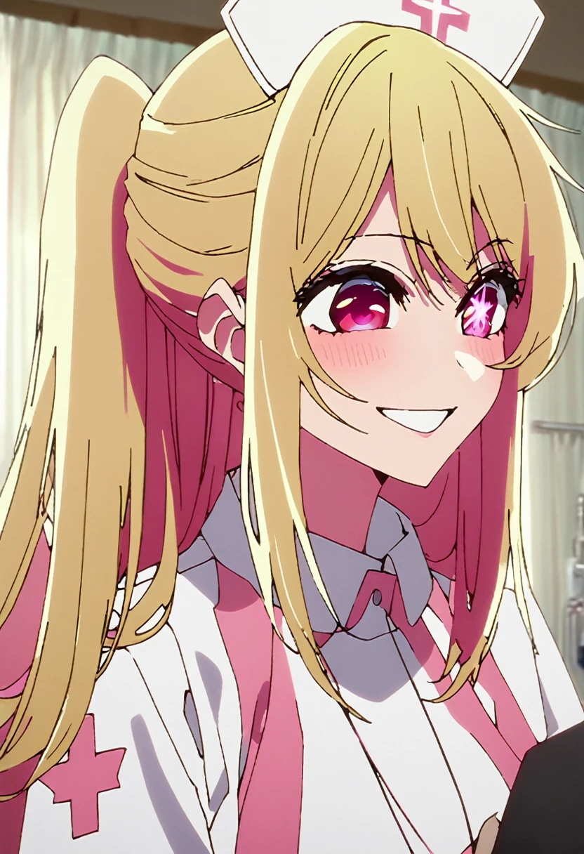 Blonde、nurse、injection、Highest quality、high resolution、8K,Highest quality、Star-shaped pupil、The best smile、long hair、Pink Eyes、ponytail、Upper Body、One person