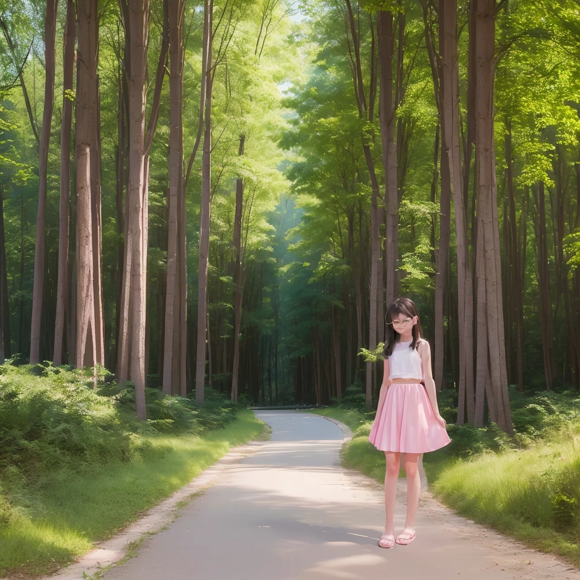 high resolution、Beautiful depiction、Forest Path、Draw a person larger、night、One person、9 year old girl standing、Facing forward、smile、Wearing glasses、Pink Separate Swimsuit、Slender body、mini skirt