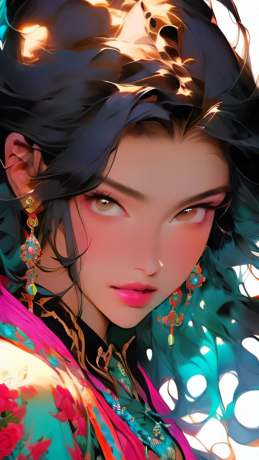 Close-up of a woman with colorful hair and necklace, Anime girl with space-like hair, The gentle vitality of rose roses, Gubes-style artwork, Fantasy art style, colorful], Vivid fantasy style, Ross draws vibrant cartoons, cosmic and colorful, Gwaiz, colorful digital fantasy art, Great art style, Beautiful anime style, Full body lighting, Skin Brightness, Sexy look, (Dynamic pose)､ masterpiece, 最high quality, high quality, High resolution､((Face close-up))､