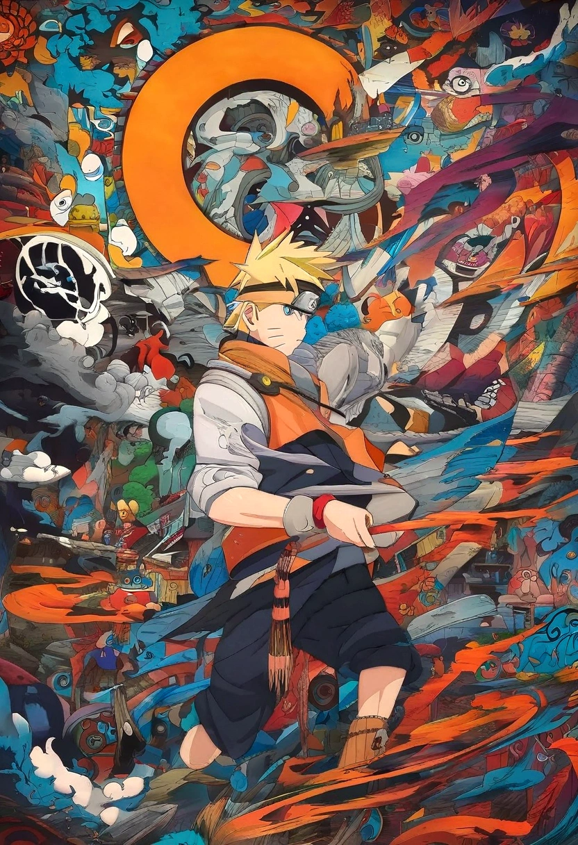 Cartoon art of a man holding a sword with lots of graffiti, Naruto art style, trending Anime Artwork, pop anime art, Anime Abstract Art, Anime Pop Artwork, Anime epic artwork, anime art wallpaper 8 k, Anime Art Wallpaper 4K, Anime Art Wallpaper 4K, anime style artwork, Uzumaki Naruto, Clean and detailed anime art, Anime Artwork,Change Naruto's clothes to Naruto in Six Paths Mode