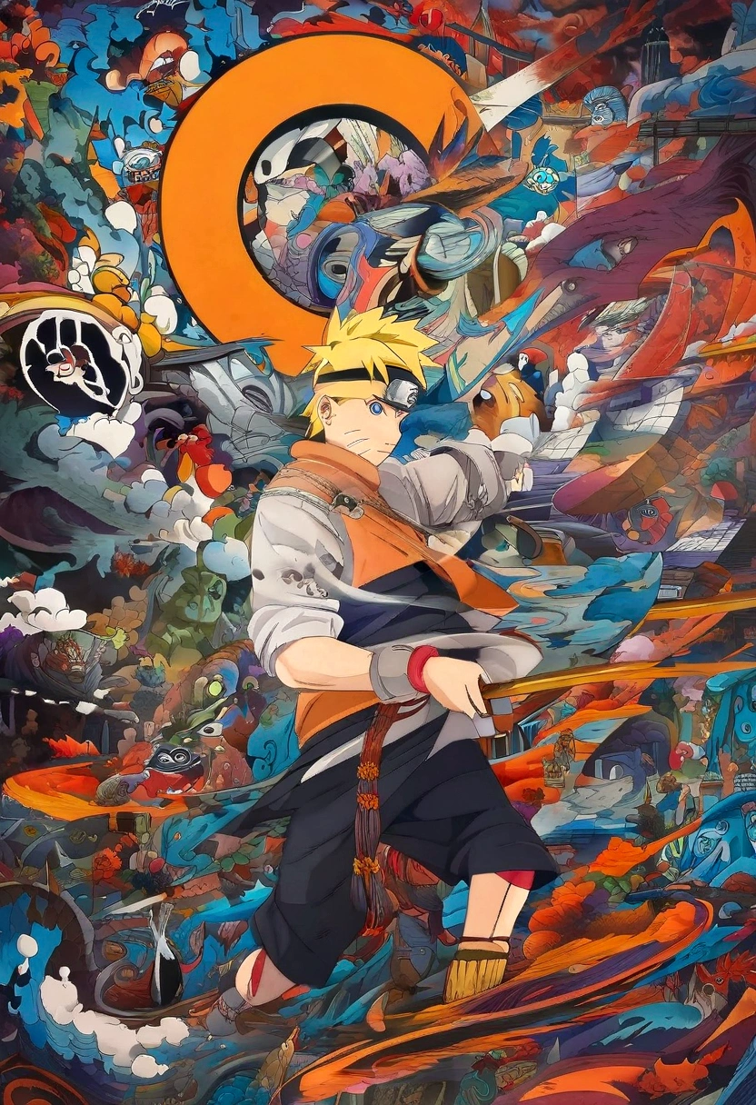 Cartoon art of a man holding a sword with lots of graffiti, Naruto art style, trending Anime Artwork, pop anime art, Anime Abstract Art, Anime Pop Artwork, Anime epic artwork, anime art wallpaper 8 k, Anime Art Wallpaper 4K, Anime Art Wallpaper 4K, anime style artwork, Uzumaki Naruto, Clean and detailed anime art, Anime Artwork,Change Naruto's clothes to Naruto in Six Paths Mode