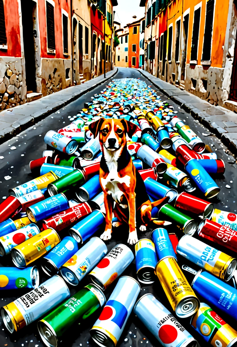 Environmental issues,SDGs, Super Long Shot,Innovative and surreal art,dog, Cat, A large number of cans scattered on the street, Like an Italian painting