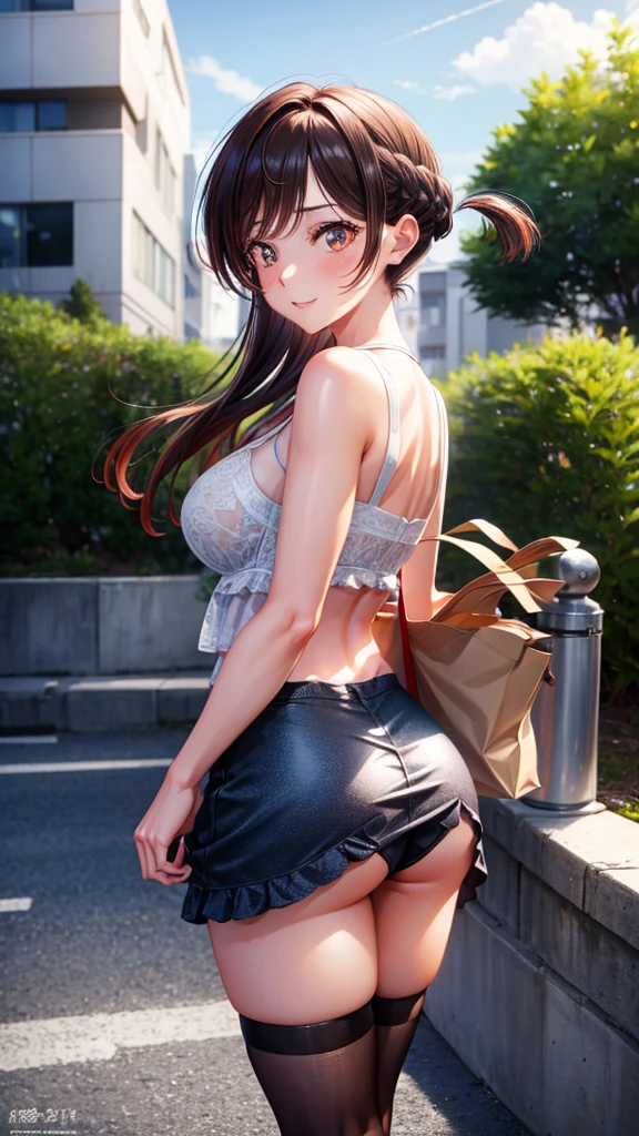 high resolution, ultra-sharp, 8k, Masterpiece, Mizuhara Chizuru , looking at the viewer, Photography from behind, thick ass, wearing black underwear, seductive smile, beautiful face, ashamed, ashamed, hands on the