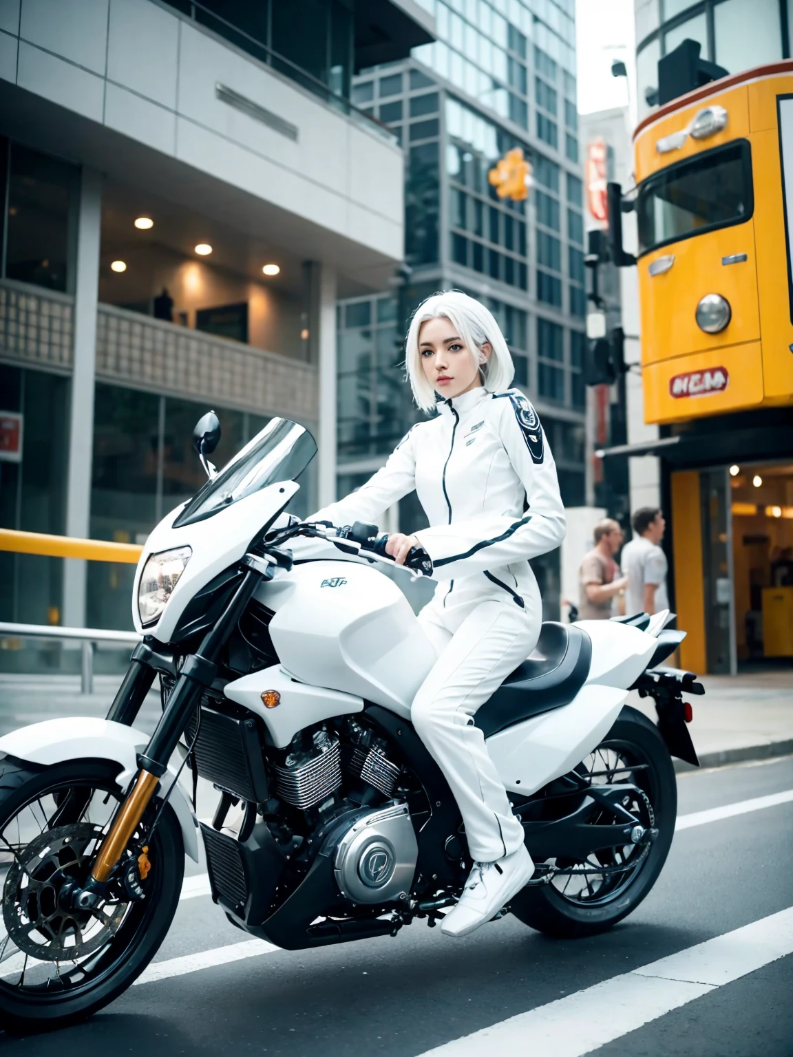 White people、White Hair、Rider Suit、Latest bikes、cool、Cinematic、Vibrant colors
