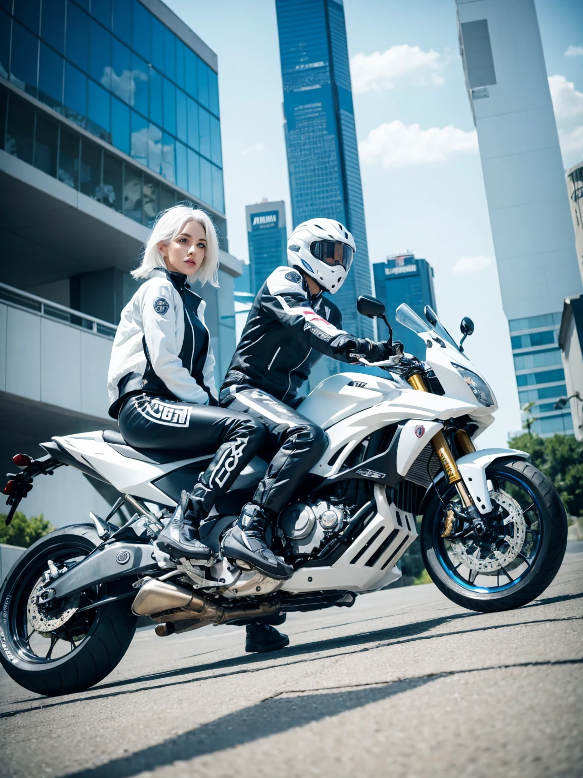 White people、White Hair、Rider Suit、Latest bikes、cool、Cinematic、Vibrant colors