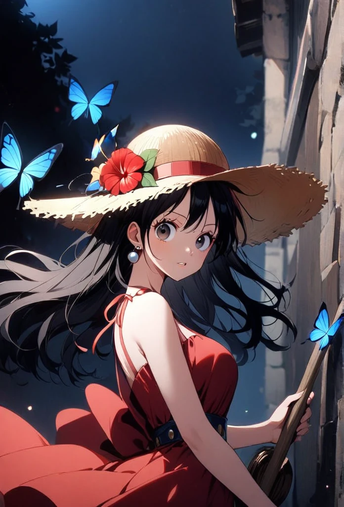 1girl, (luffy), butterfly, bug, solo, hat, long_hair, jewelry, earrings, blue_butterfly, black_hair, straw_hat, looking_at_viewer, flower, dress, hat_flower, parted_lips, upper_body, bare_shoulders, breasts, black_eyes, red_flower, red_dress, from_side, butterfly_hair_ornament, bangs, holding, hair_ornament, straw hat, (luffy, female luffy, night)