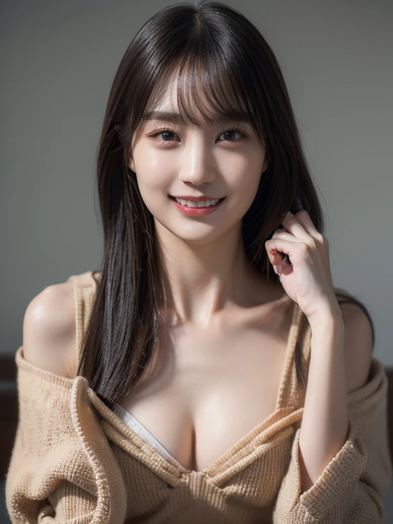 (​masterpiece:1.3), (8K, Photorealsitic, Raw photography, Top image quality: 1.4), Japan high school girls、medium hair、cleavage of the breast:1.2、Super Detail Face、Eye of Detail、Bring your chest together、sharp focus:1.2、、light brown hair、top-quality、​masterpiece、超A high resolution、(Photorealsitic:1.4)、Highly detailed and professional lighting smile、Loose and light knitwear、Shoulder out、slender、serious facial expression、medium-haired、Fatal position.