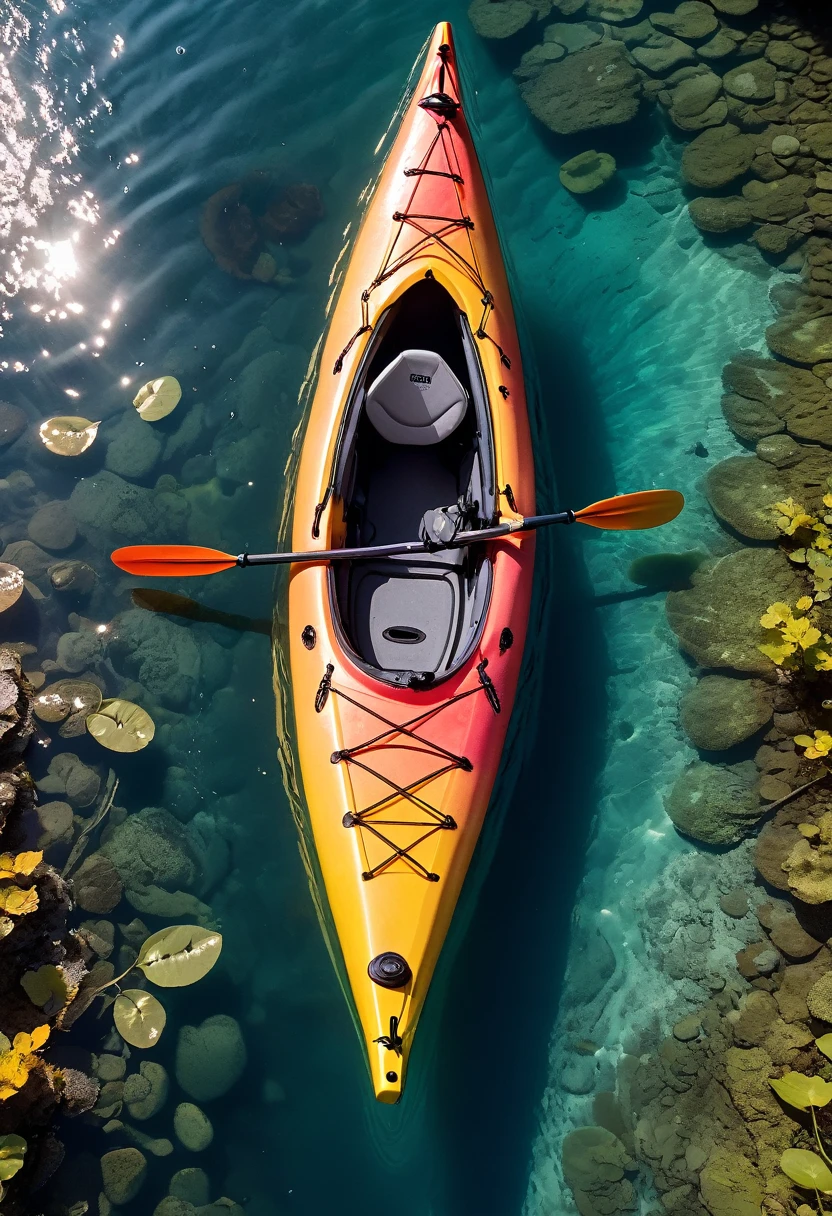 a kayak in the water, in the style of optical color mixing, aerial view, rainbowcore, national geographic photo, 8k resolution, crayon art, interactive artwork
