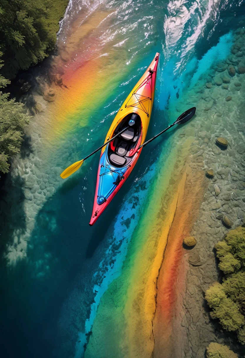 a kayak in the water, in the style of optical color mixing, aerial view, rainbowcore, national geographic photo, 8k resolution, crayon art, interactive artwork
