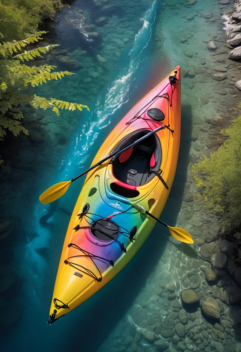 a kayak in the water, in the style of optical color mixing, aerial view, rainbowcore, national geographic photo, 8k resolution, crayon art, interactive artwork