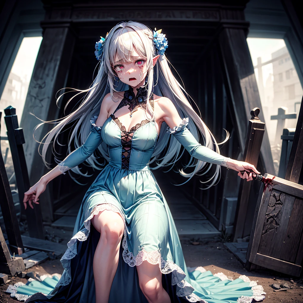 [sfw],masutepiece, Best Quality, High resolution,Solo,1girl in, Full body, Description Girls, detail hands,Detail fingers, Detail Face,cute face,detail legs, overdetailed art, Fine details,[zombie girl],extra arms,weapon,grave yard,crying,tear,bloody,[[pale blue skin]],long hair,spring dress
