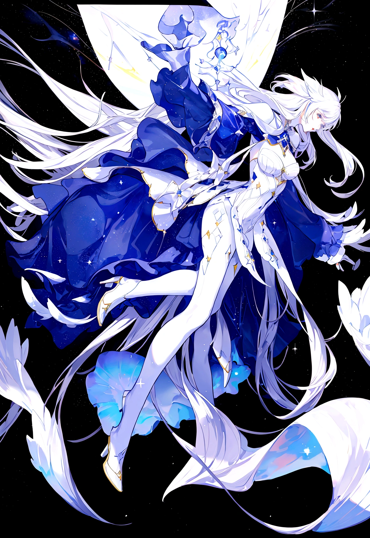 Character (adult woman) (white long hair) (white exotic dress-style clothing) (character in dynamic pose) (full body) (starry night sky background)