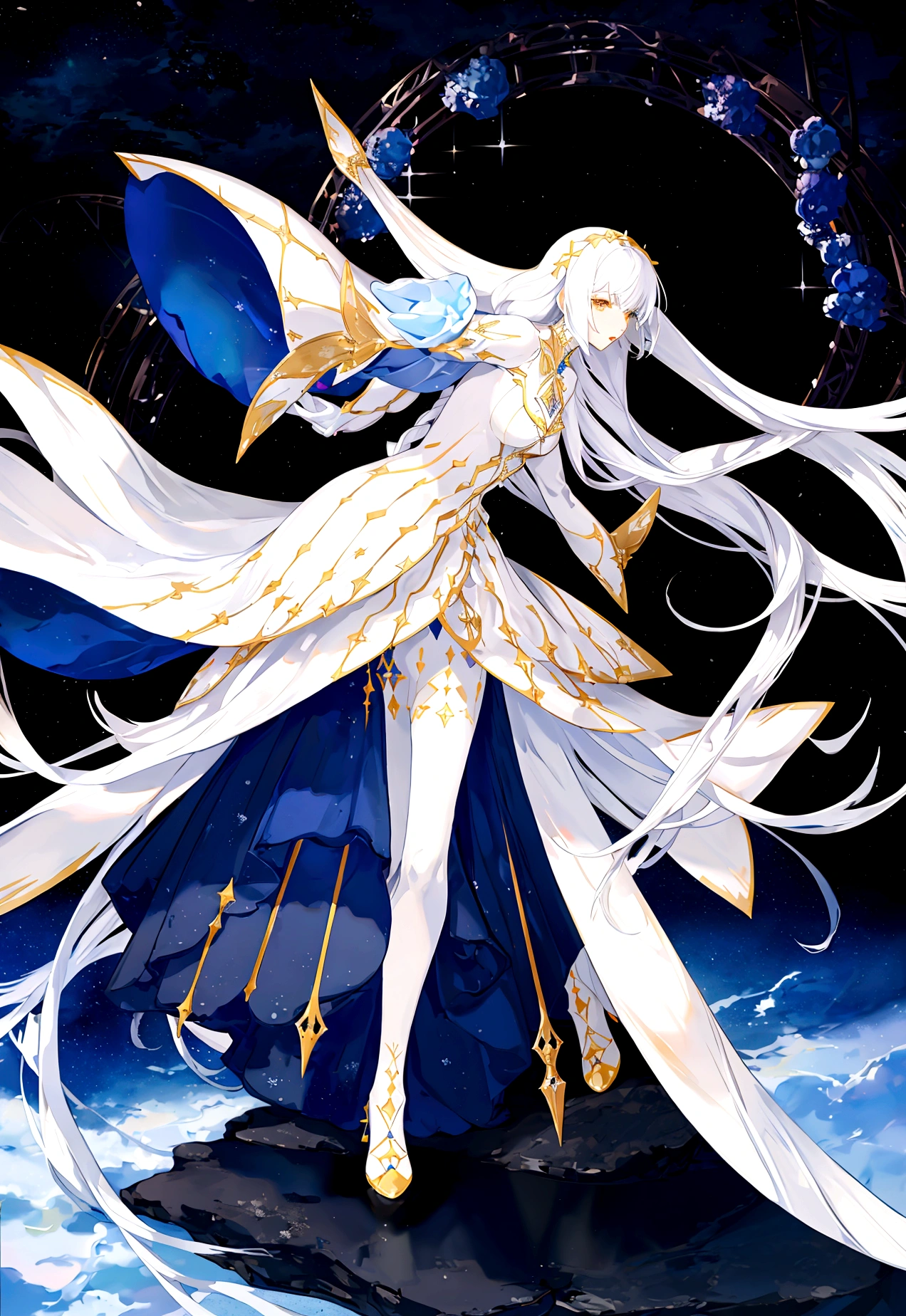 Character (adult woman) (white long hair) (white exotic dress-style clothing) (character in dynamic pose) (full body) (starry night sky background)