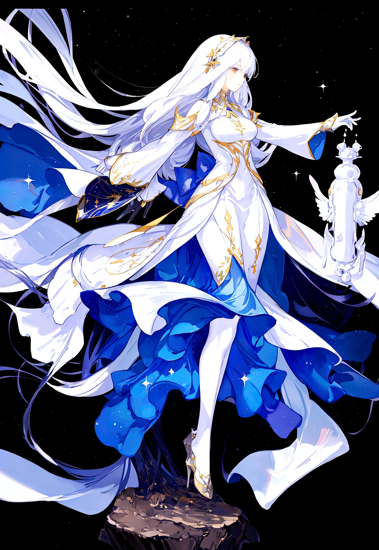 Character (adult woman) (white long hair) (white exotic dress-style clothing) (character in dynamic pose) (full body) (starry night sky background)